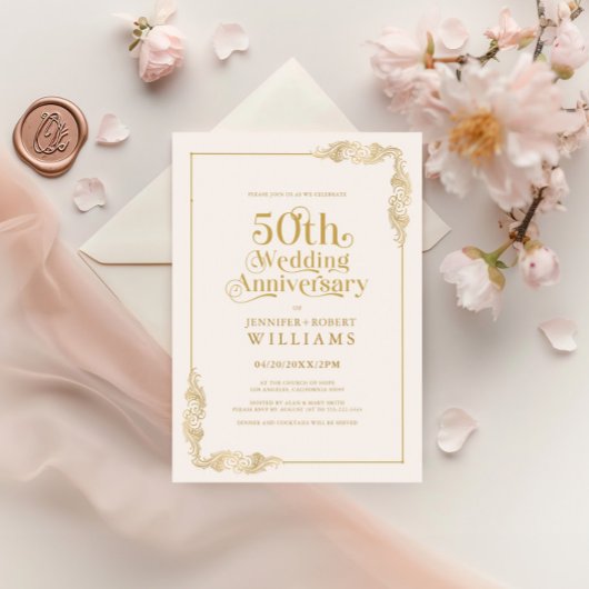 Invitation 50e anniversaire de Mariage Gold Floral Frame