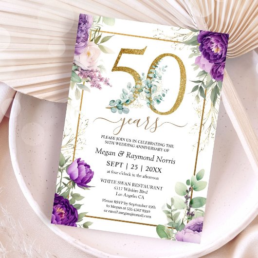 Invitation 50e anniversaire de Mariage Gold Purple Peony