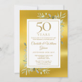 Invitation 50e anniversaire de mariage greenery feuille d'or (Devant)