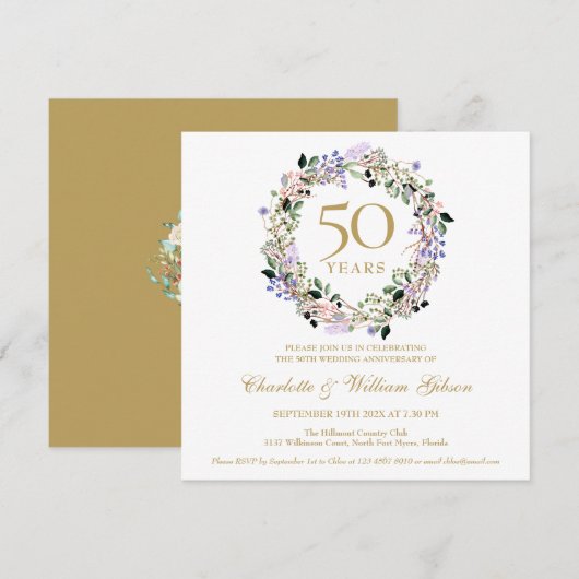 Invitation 50e anniversaire de mariage Lavande Florale (Devant / Derrière)
