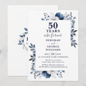 Invitation 50e anniversaire de Mariage Monogramme floral bleu (Devant / Derrière)