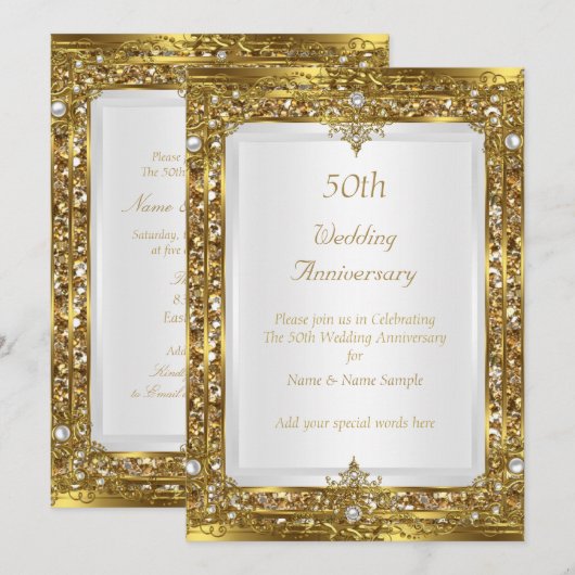 Invitation 50e Anniversaire de Mariage Nacre Blanche Pailleté (Devant / Derrière)