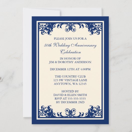 Invitation 50e anniversaire de mariage Navy Flourish Scroll (Devant)