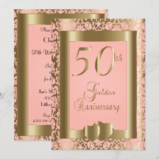 Invitation 50e anniversaire de mariage Noces d'Or et de rose (Devant / Derrière)