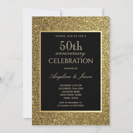 Invitation 50e anniversaire de mariage noir et or (Devant)