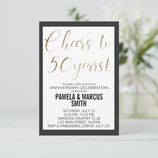 Invitation 50e Anniversaire de Mariage Noir Or Moderne (Debout devant)