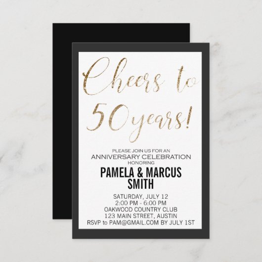 Invitation 50e Anniversaire de Mariage Noir Or Moderne  (Devant / Derrière)