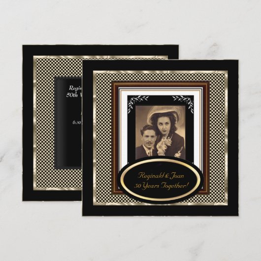 Invitation 50e anniversaire de mariage noir sépia or vintage (Devant / Derrière)