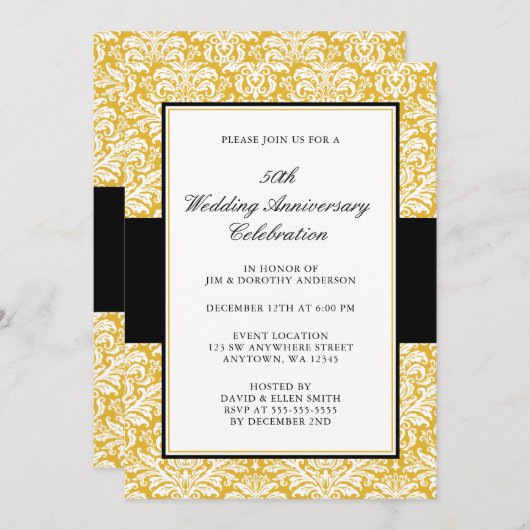 Invitation 50e Anniversaire de Mariage Or et Noir Damassé (Devant / Derrière)