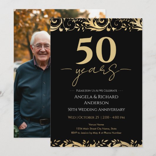 Invitation 50e anniversaire de mariage or noir (Devant / Derrière)