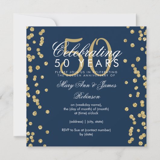 Invitation 50e Anniversaire de Mariage Paillettes d'Or Bleu M (Devant)
