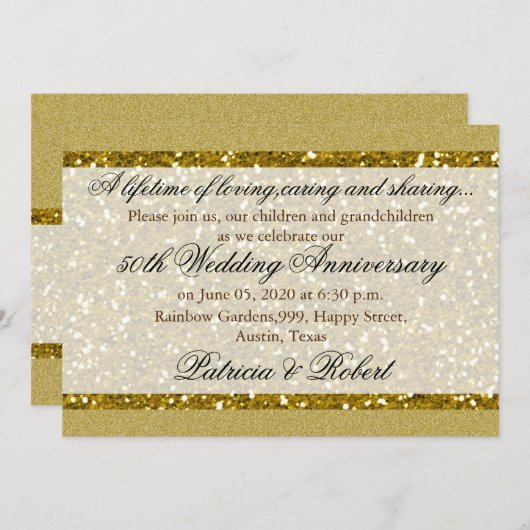 Invitation 50e anniversaire de mariage paillettes dorées (Devant / Derrière)