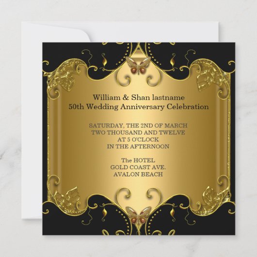 Invitation 50e anniversaire de mariage papillon noir or (Dos)