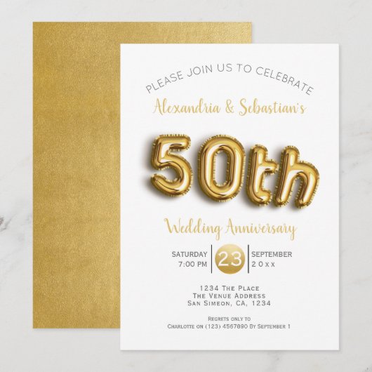 Invitation 50e anniversaire de mariage personnalisé Faux Or (Devant / Derrière)