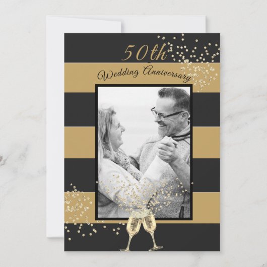 Invitation 50e anniversaire de Mariage Photo Black Gold Elega (Devant)
