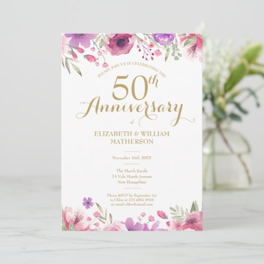 Invitation 50e anniversaire de mariage photo Roses aquarelle (Debout devant)