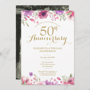Invitation 50e anniversaire de Mariage photo Roses d'aquarell