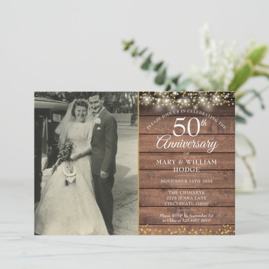 Invitation 50e Anniversaire de Mariage Photo Rustique en Or d (Debout devant)