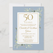 Invitation 50e Anniversaire de mariage poussiéreux bleu feuil (Devant)