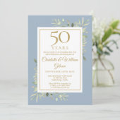 Invitation 50e Anniversaire de mariage poussiéreux bleu feuil (Debout devant)