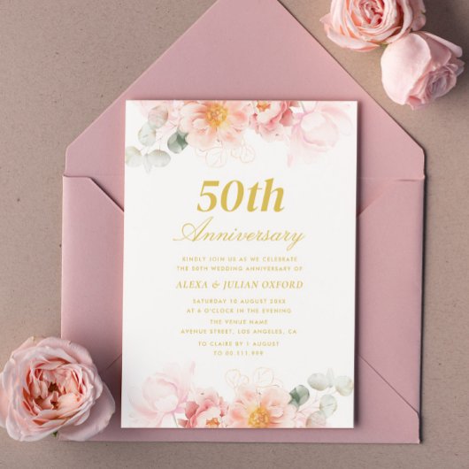 Invitation 50e anniversaire de mariage rose floral