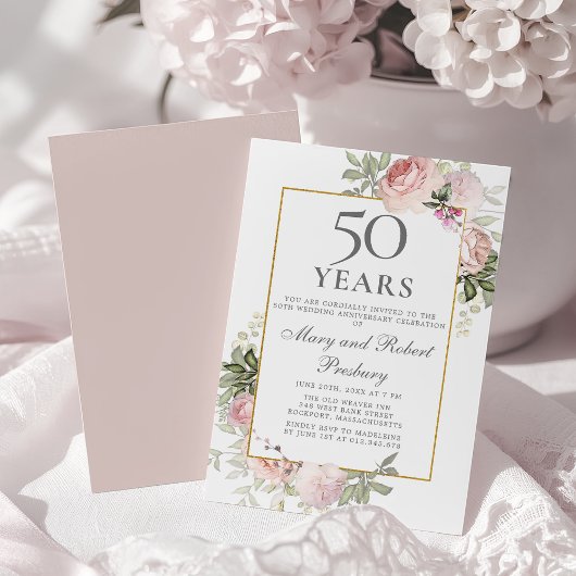 Invitation 50e anniversaire de mariage Rose florale rose