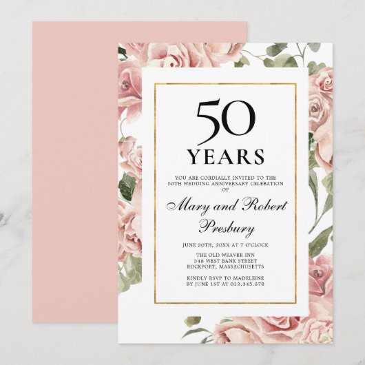 Invitation 50e anniversaire de mariage Rose rose floral (Devant / Derrière)