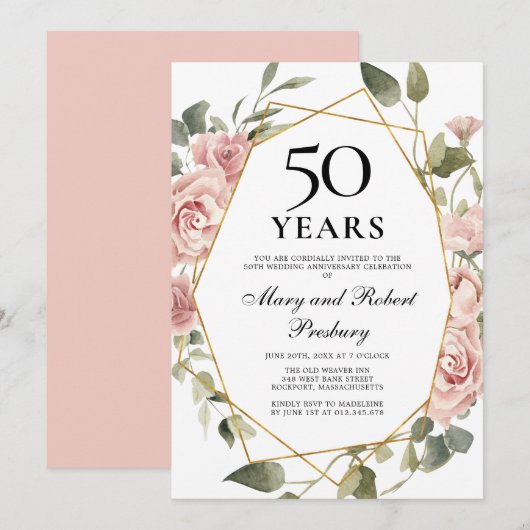 Invitation 50e anniversaire de mariage Rose rose floral (Devant / Derrière)