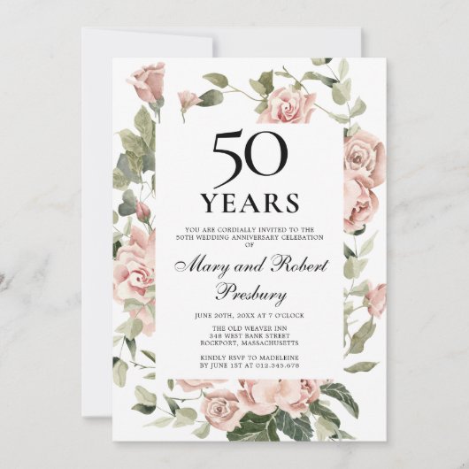 Invitation 50e anniversaire de mariage Rose rose floral (Devant)