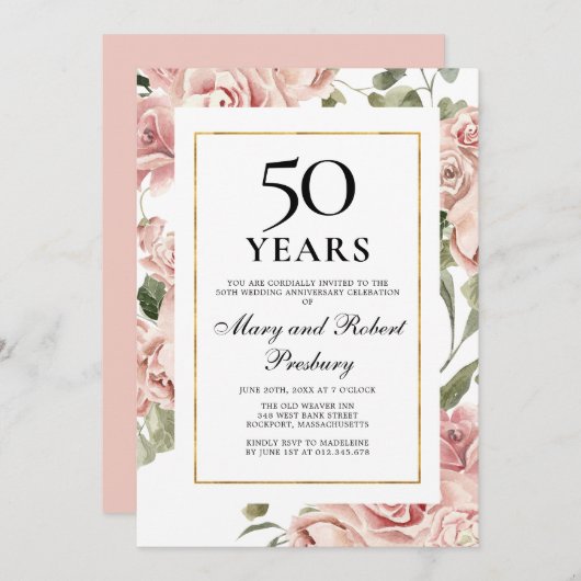 Invitation 50e anniversaire de mariage Rose rose florale (Devant / Derrière)