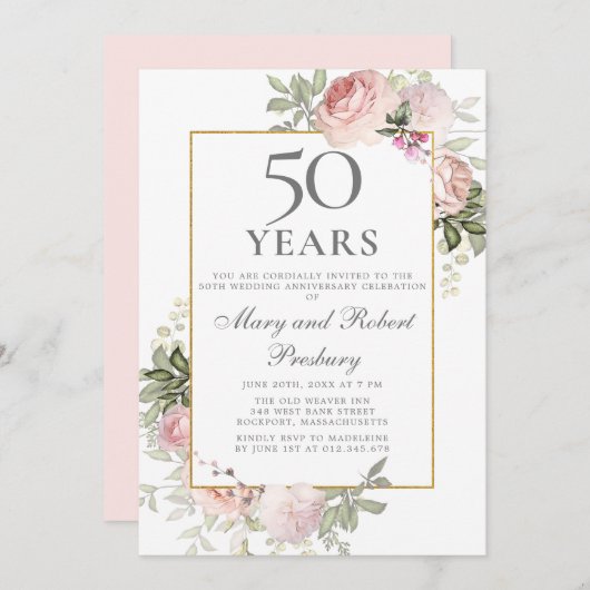 Invitation 50e anniversaire de mariage Rose rose florale (Devant / Derrière)