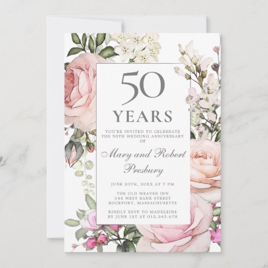 Invitation 50e anniversaire de mariage Rose rose florale (Devant)