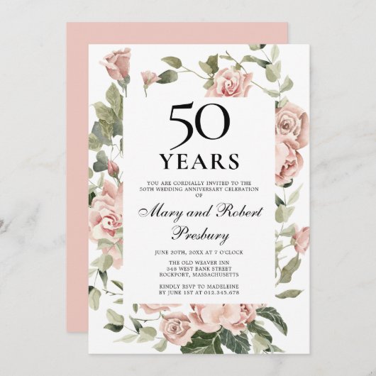 Invitation 50e anniversaire de mariage Rose rose florale (Devant / Derrière)