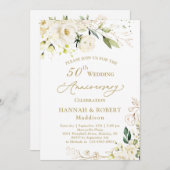 Invitation 50e Anniversaire de Mariage Roses Blanches Feuilla (Devant / Derrière)
