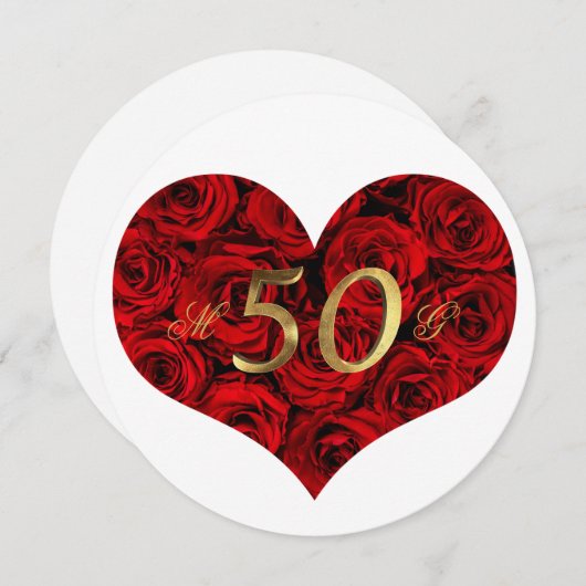 Invitation 50e anniversaire de mariage Roses rouges Cœur Élég (Devant / Derrière)