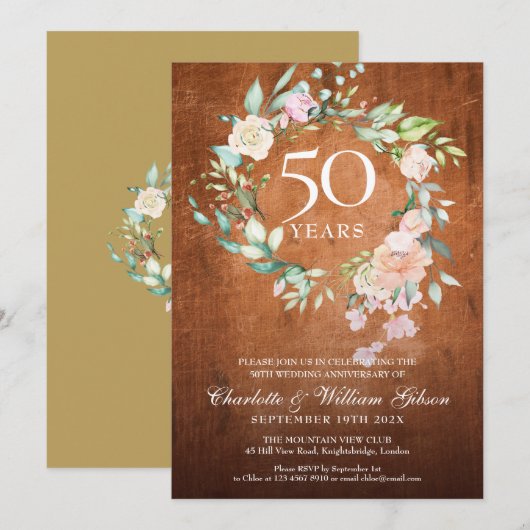 Invitation 50e anniversaire de mariage Rustique Bois Floral (Devant / Derrière)