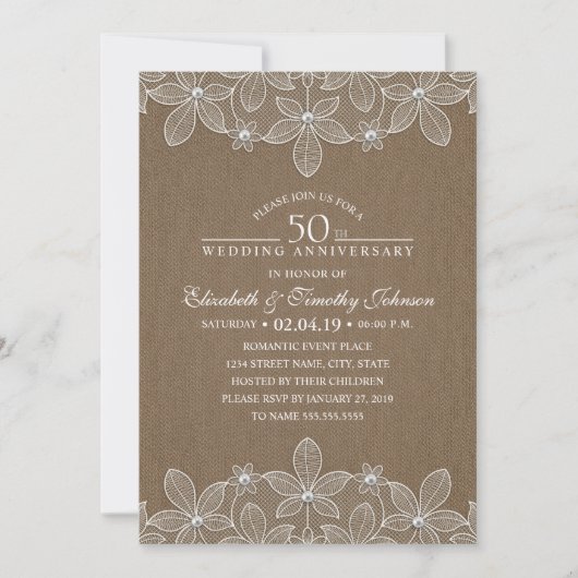 Invitation 50e anniversaire de mariage Rustique Foncé Toile d (Devant)