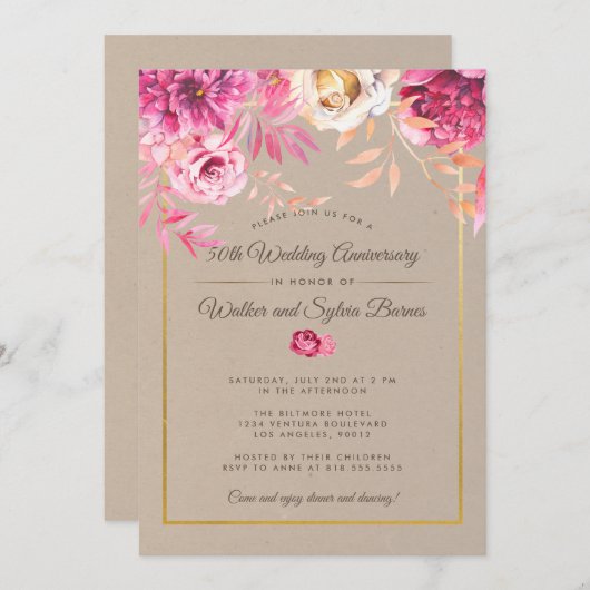 Invitation 50e anniversaire de mariage Rustique Rose (Devant / Derrière)