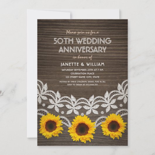 Invitation 50e anniversaire de mariage rustique tournesols de (Devant)