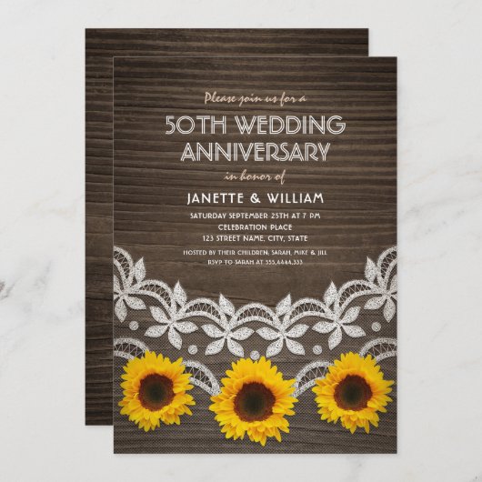 Invitation 50e anniversaire de mariage rustique tournesols de (Devant / Derrière)