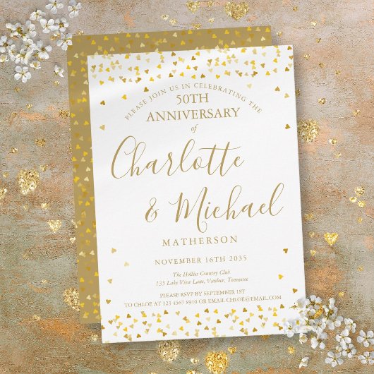 Invitation 50e anniversaire de mariage Signature Cœurs d'or