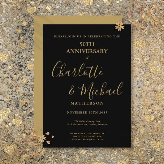 Invitation 50e anniversaire de mariage signature noir or