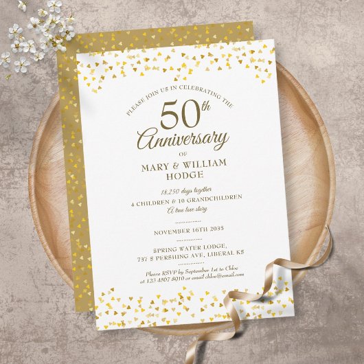 Invitation 50e anniversaire de mariage Souvenirs de cœurs dor