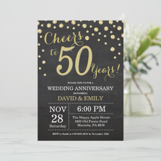 Invitation 50e anniversaire de mariage tableau noir et or (Debout devant)