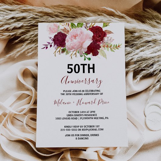 Invitation 50e anniversaire de mariage tropical et romantique