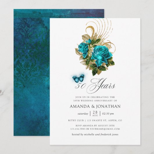 Invitation 50e anniversaire de mariage turquoise et or (Devant / Derrière)
