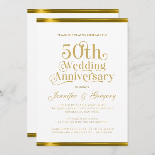 Invitation 50e anniversaire de Mariage Typographie de l'or bl (Devant / Derrière)