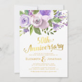 Invitation 50e Anniversaire de Mariage Violet Or Floral (Devant)