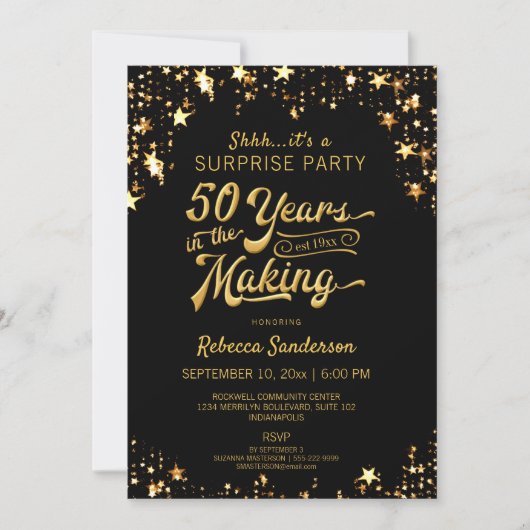 Invitation 50e anniversaire de surprise | Black & Gold Stars (Devant)