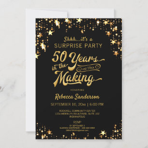 Invitation 50e anniversaire de surprise   Black & Gold Stars